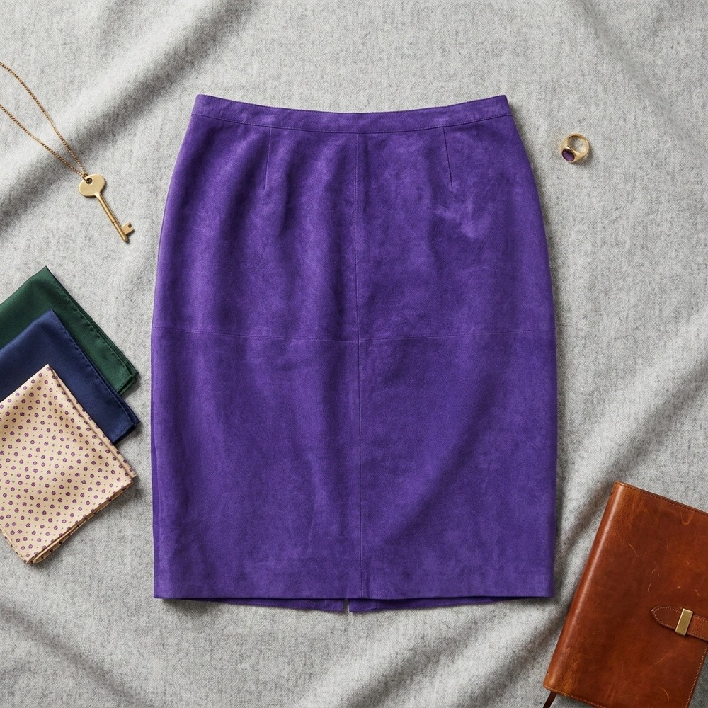 Vintage Jon Lawrence Ltd Purple Suede Leather Midi Skirt Plus Size 26W Lined